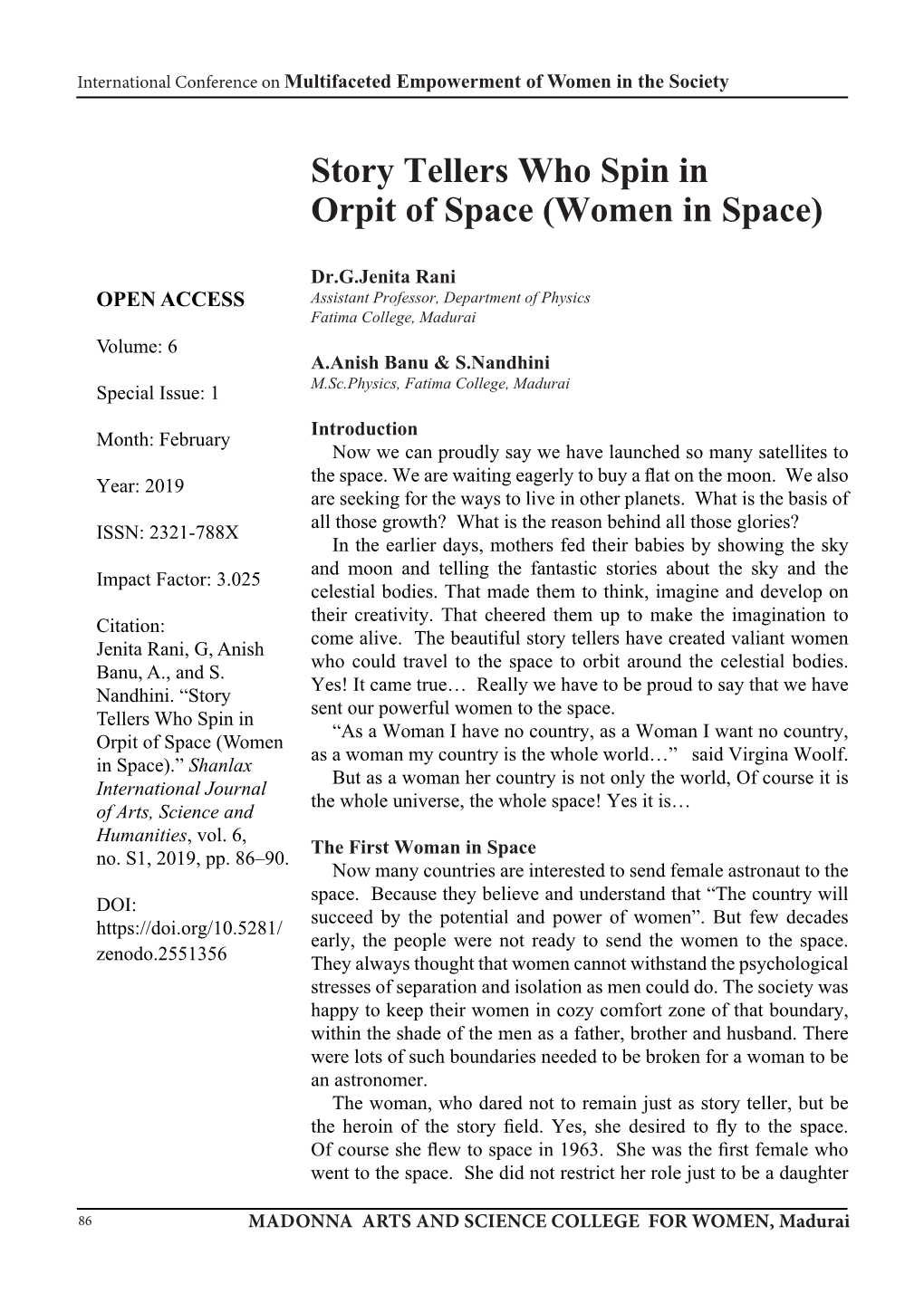 Story Tellers Who Spin in Orpit of Space (Women in Space)