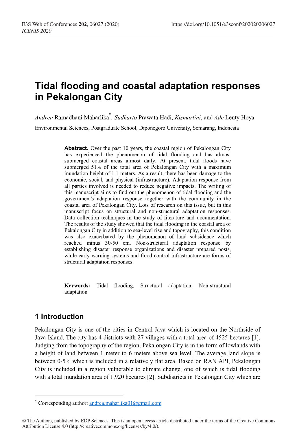 Tidal Flooding and Coastal Adaptation Responses in Pekalongan City