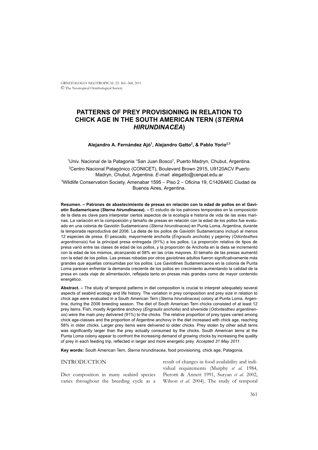 Patterns of Prey Provisioning in Relation to Chick Age in the South American Tern (Sterna Hirundinacea)