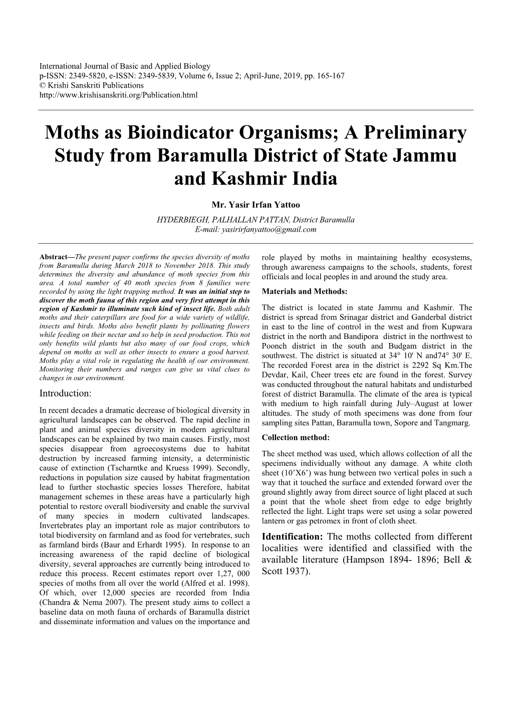 Moths As Bioindicator Organisms; a Preliminary Study from Baramulla District of State Jammu and Kashmir India