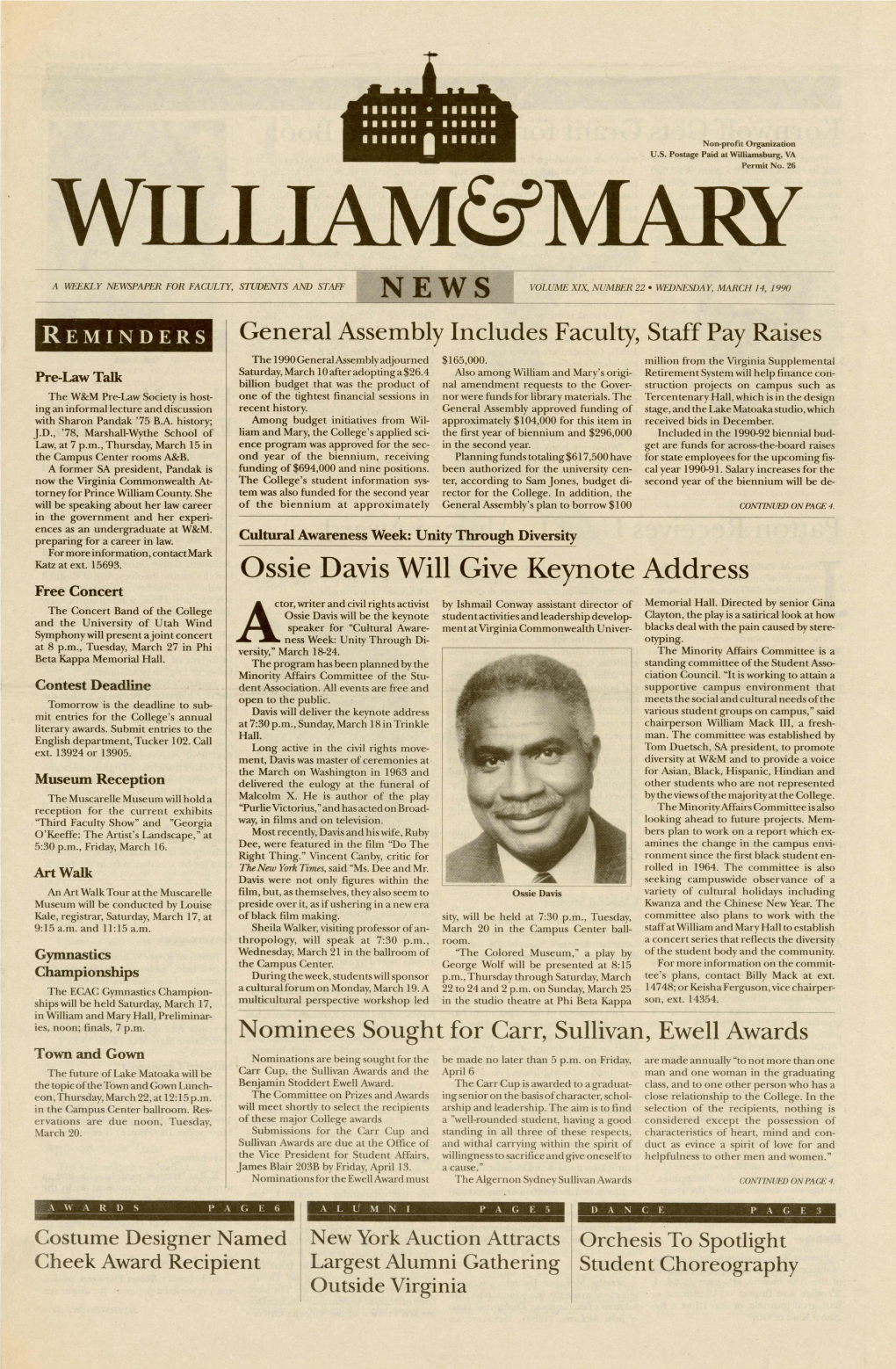 Ossie Davis Will Give Keynote Address Free Concert Actor, Writer and Civil Rights Activist by Ishmail Conway Assistant Director of Memorial Hall