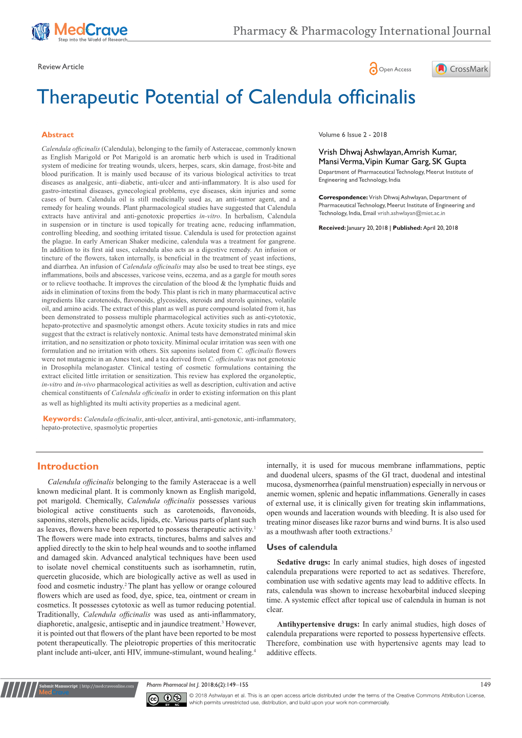 Therapeutic Potential of Calendula Officinalis