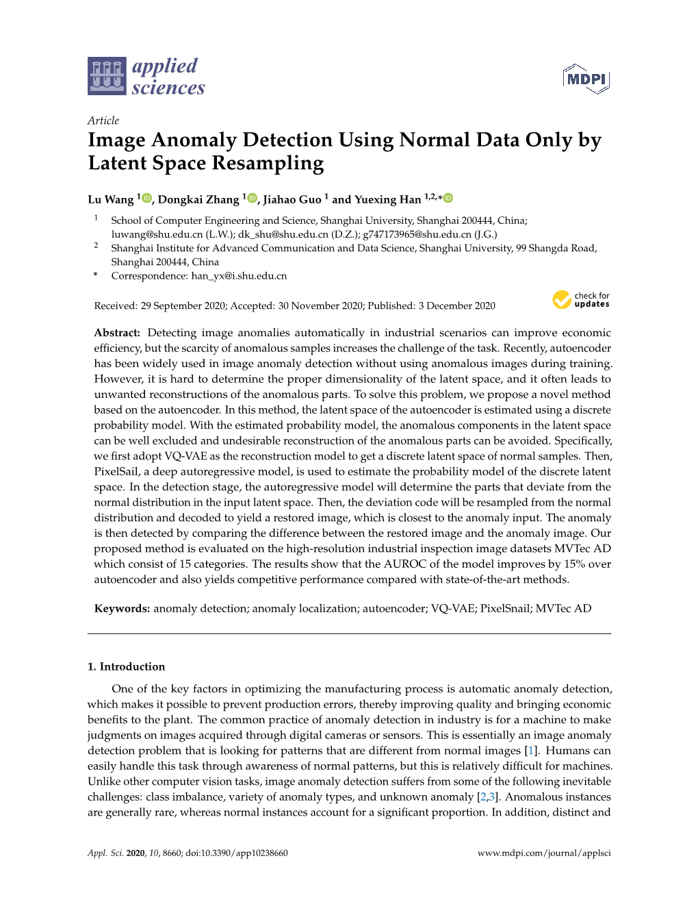 Image Anomaly Detection Using Normal Data Only by Latent Space Resampling