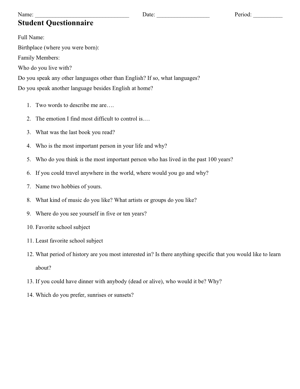 Student Questionnaire