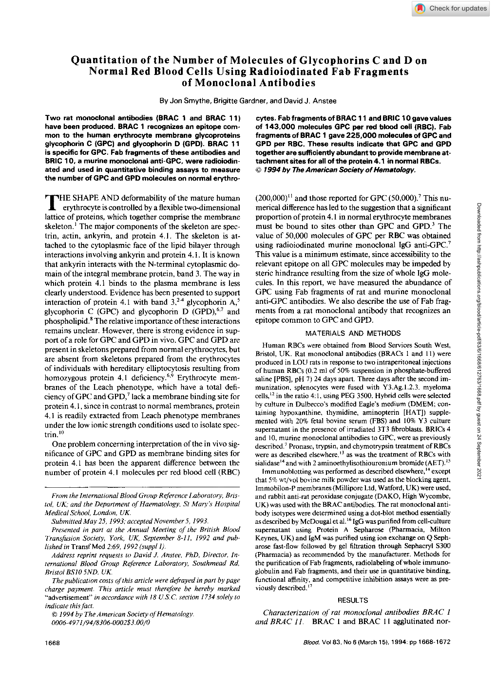 Quantitation of the Number of Molecules of Glycophorins C and D on Normal Red Blood Cells Using Radioiodinatedfab Fragments of Monoclonal Antibodies