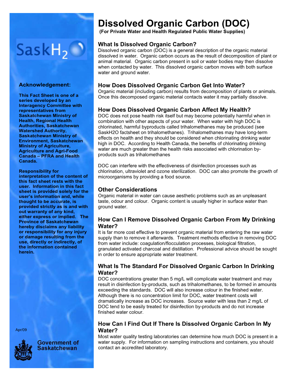 Dissolved Organic Carbon (DOC) (For Private Water and Health Regulated Public Water Supplies)