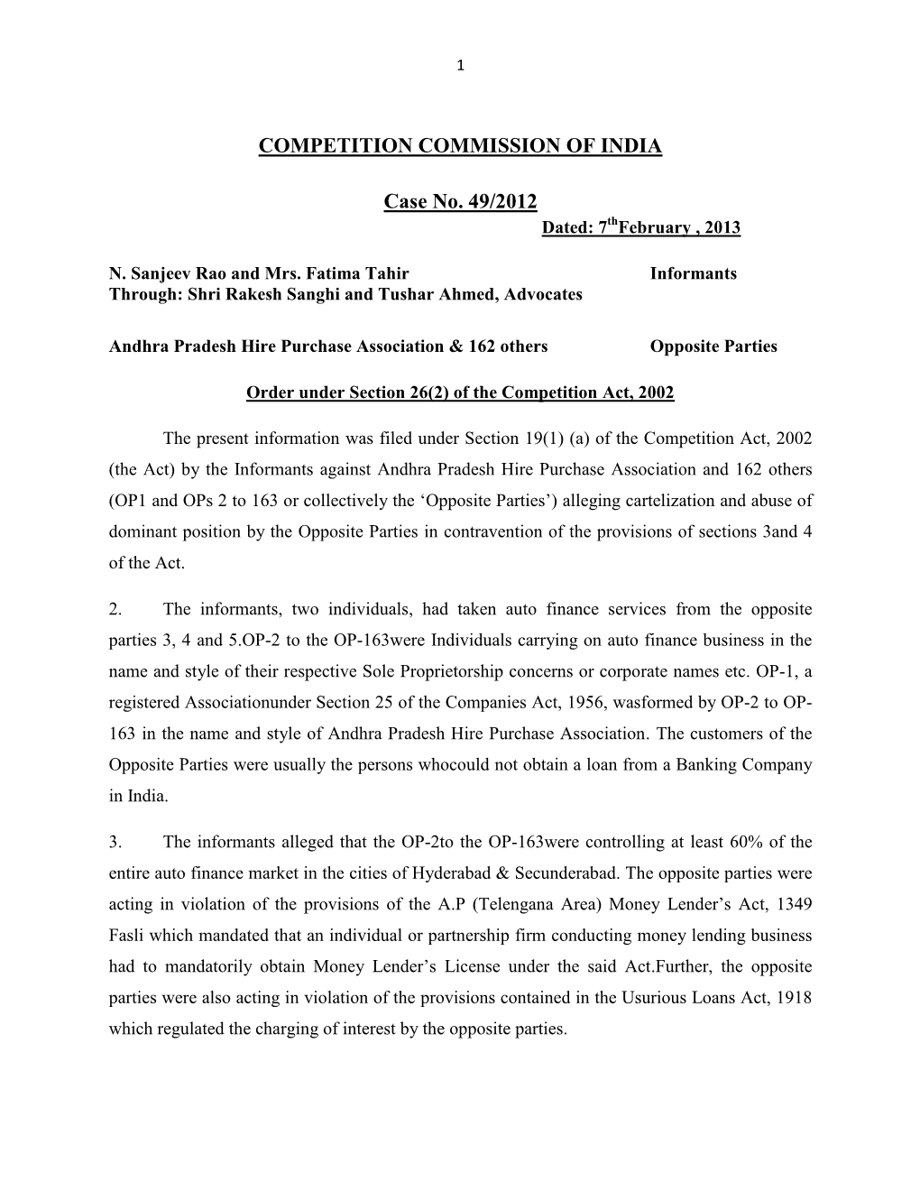 COMPETITION COMMISSION of INDIA Case No. 49/2012
