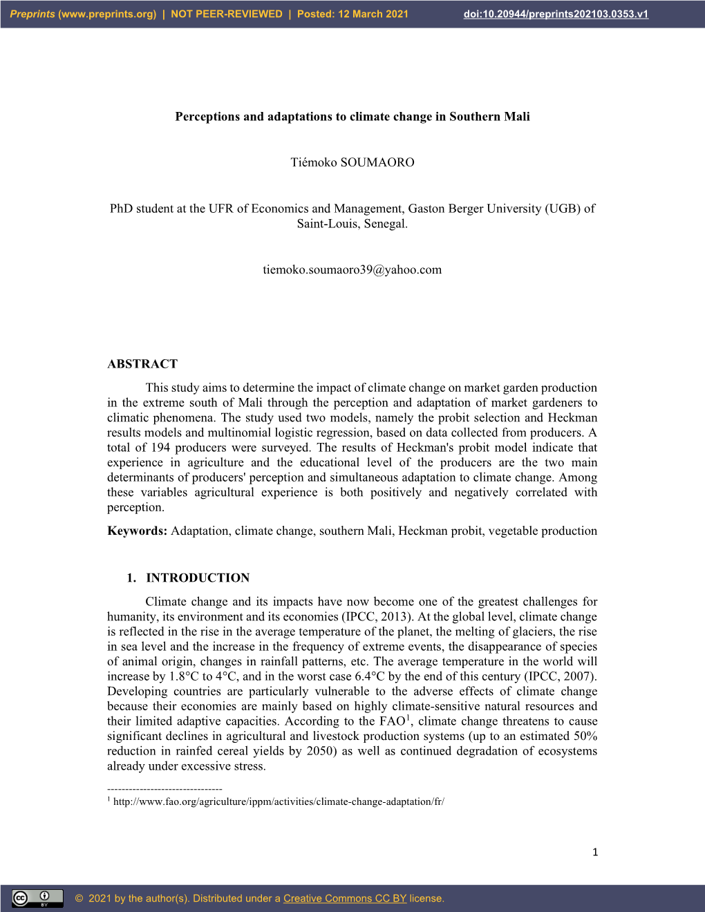 Perceptions and Adaptations to Climate Change in Southern Mali