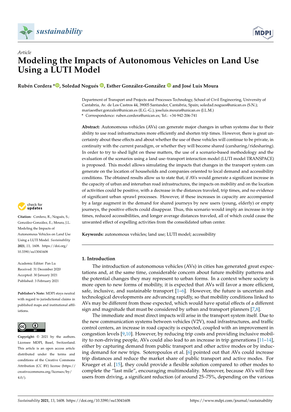 Modeling the Impacts of Autonomous Vehicles on Land Use Using a LUTI Model