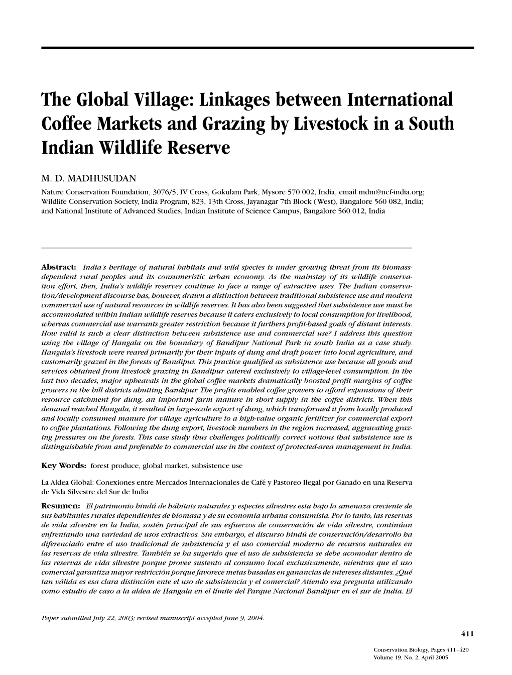 The Global Village: Linkages Between International Coffee Markets and Grazing by Livestock in a South Indian Wildlife Reserve