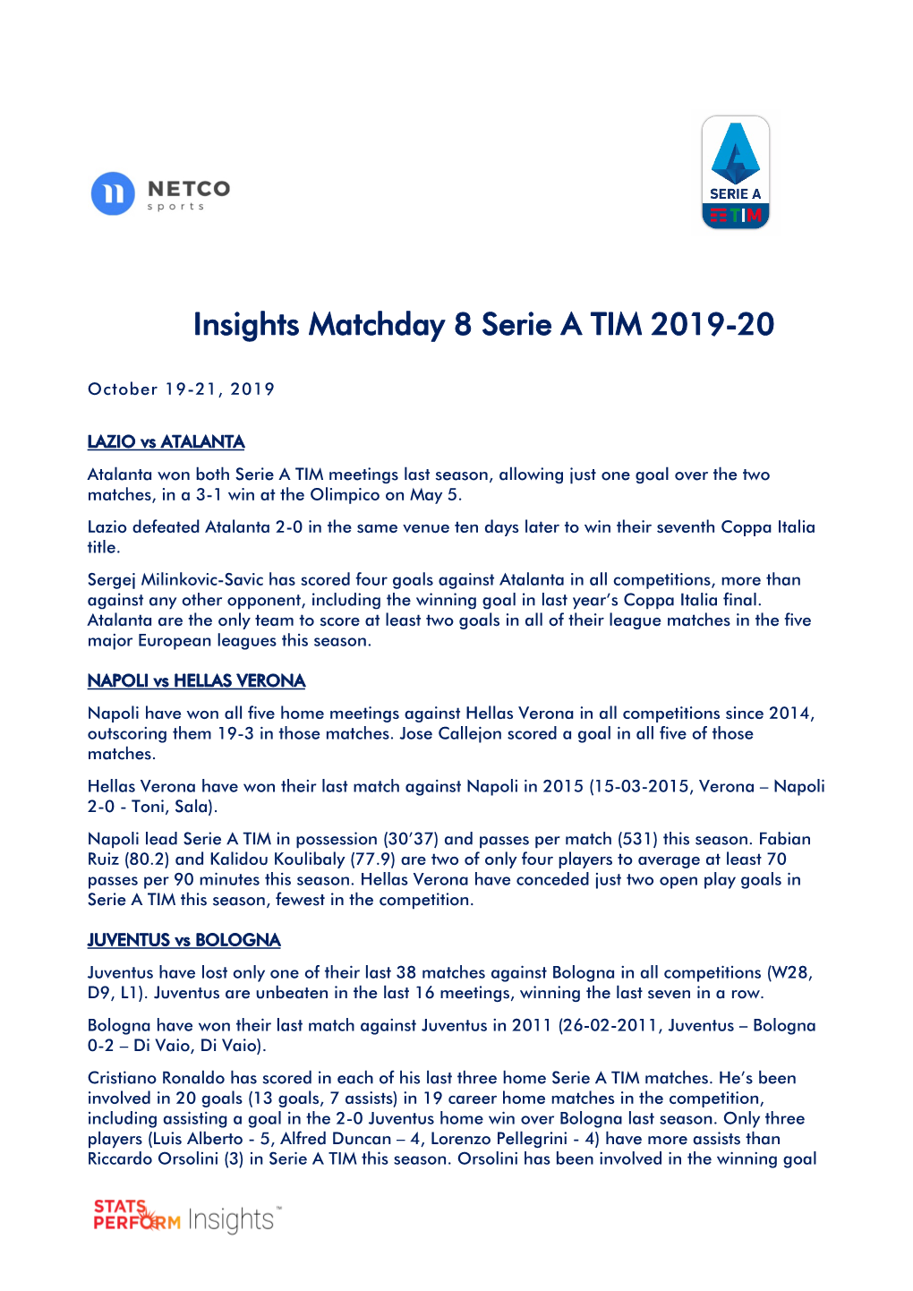 Insights Matchday 8 Serie a TIM 2019-20
