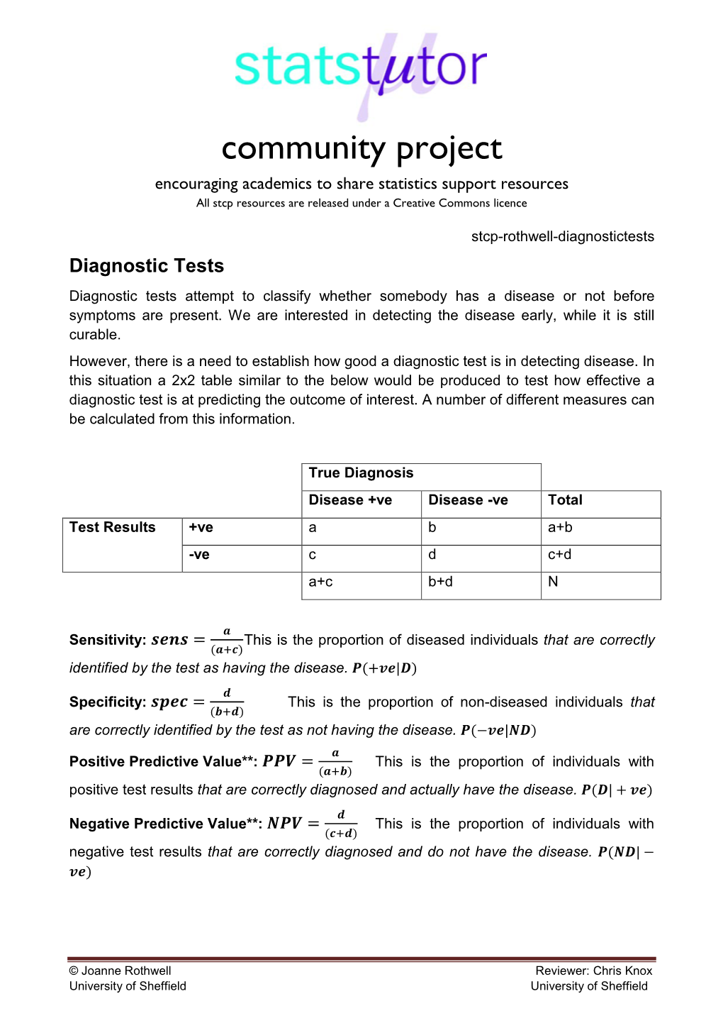 Diagnostic Tests Diagnostic Tests Attempt to Classify Whether Somebody Has a Disease Or Not Before Symptoms Are Present