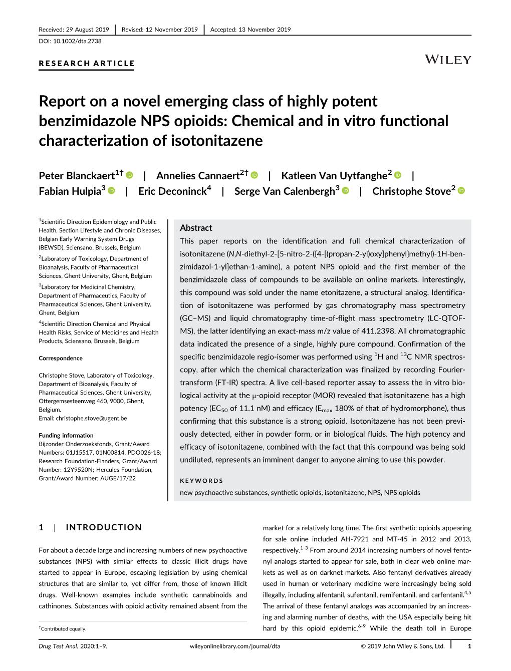 Report on a Novel Emerging Class of Highly Potent Benzimidazole NPS Opioids: Chemical and in Vitro Functional Characterization of Isotonitazene