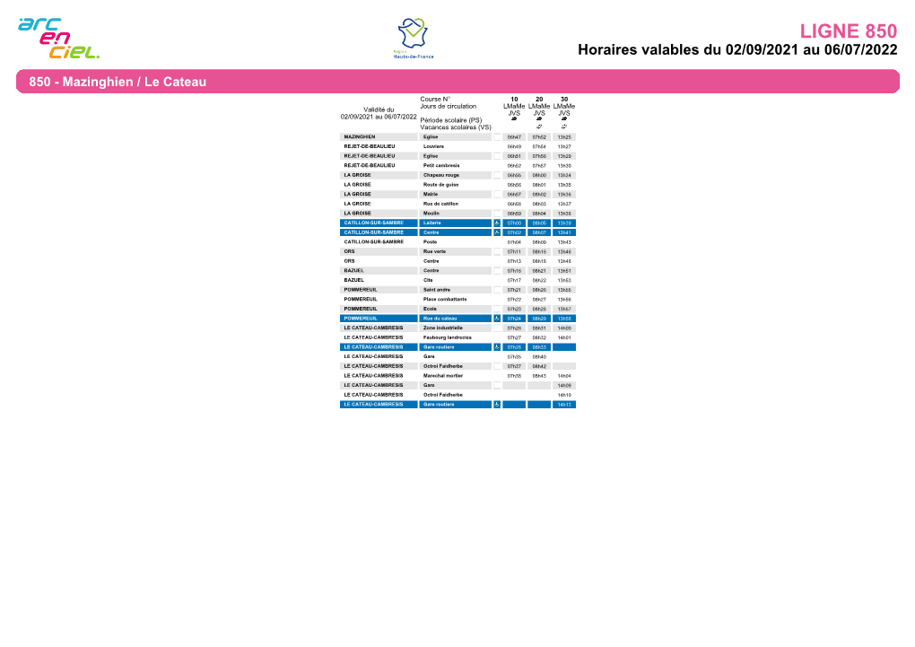 Horaires De La Ligne 850S