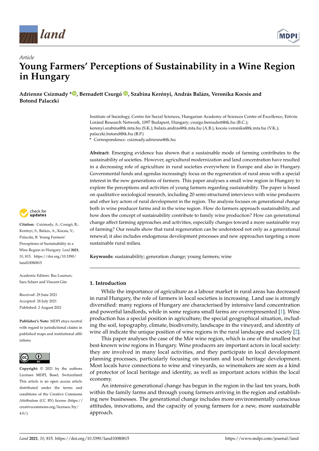 Young Farmers' Perceptions of Sustainability in a Wine Region in Hungary