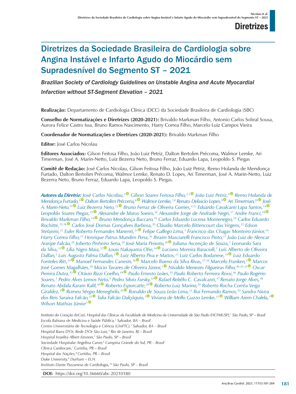 Brazilian Society of Cardiology Guidelines on Unstable Angina and Acute Myocardial Infarction Without ST-Segment Elevation – 2021