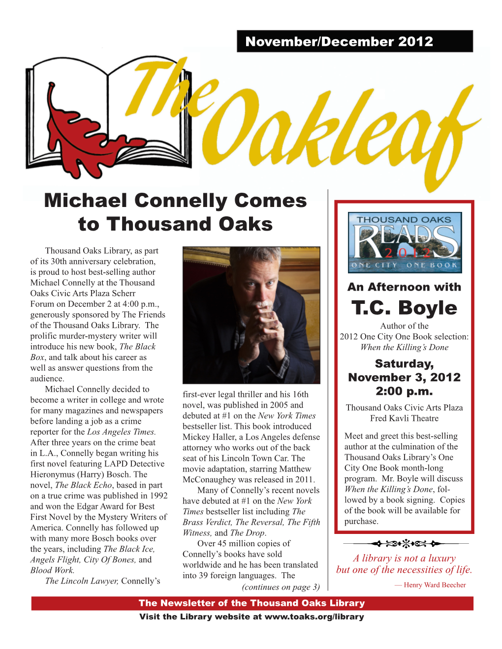 Michael Connelly Comes to Thousand Oaks T.C. Boyle