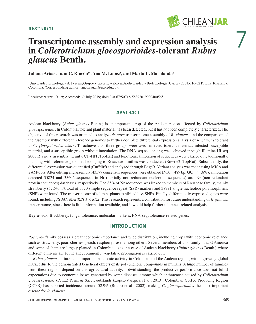 Transcriptome Assembly and Expression Analysis in Colletotrichum Gloeosporioides-Tolerant Rubus 7 Glaucus Benth