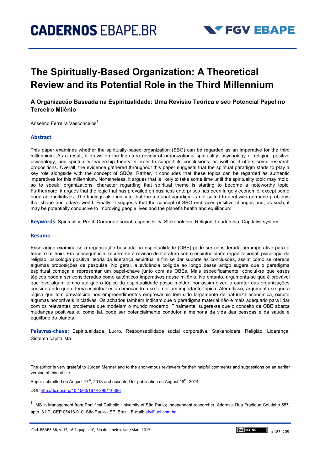 The Spiritually-Based Organization: a Theoretical Review and Its Potential Role in the Third Millennium