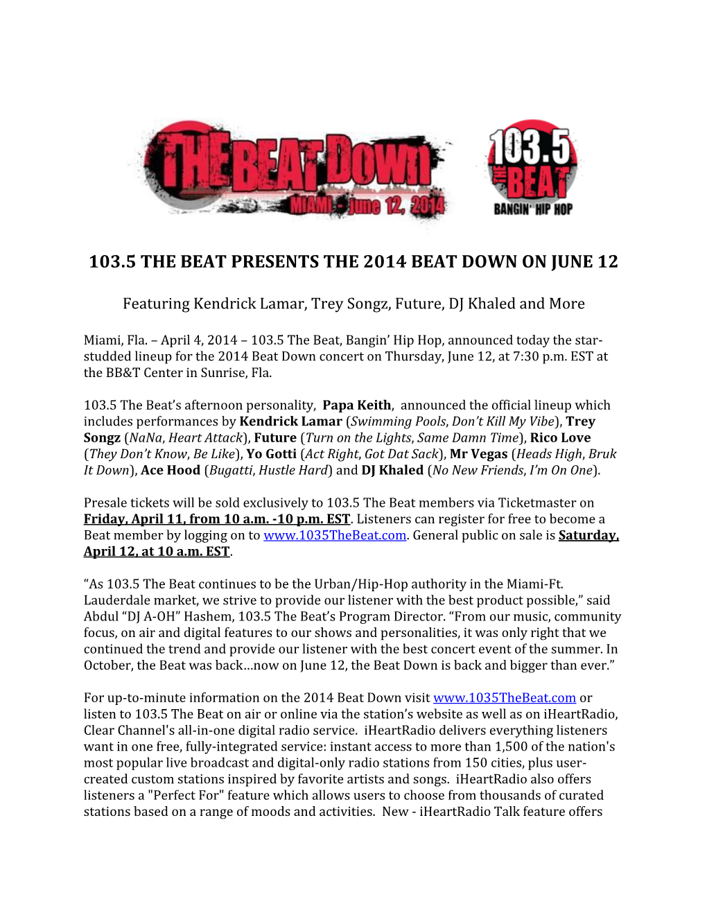 103.5 the Beat Presents the 2014 Beat Down on June 12