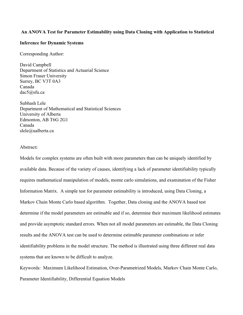 An ANOVA Test for Parameter Estimability Using Data Cloning with Application to Statistical