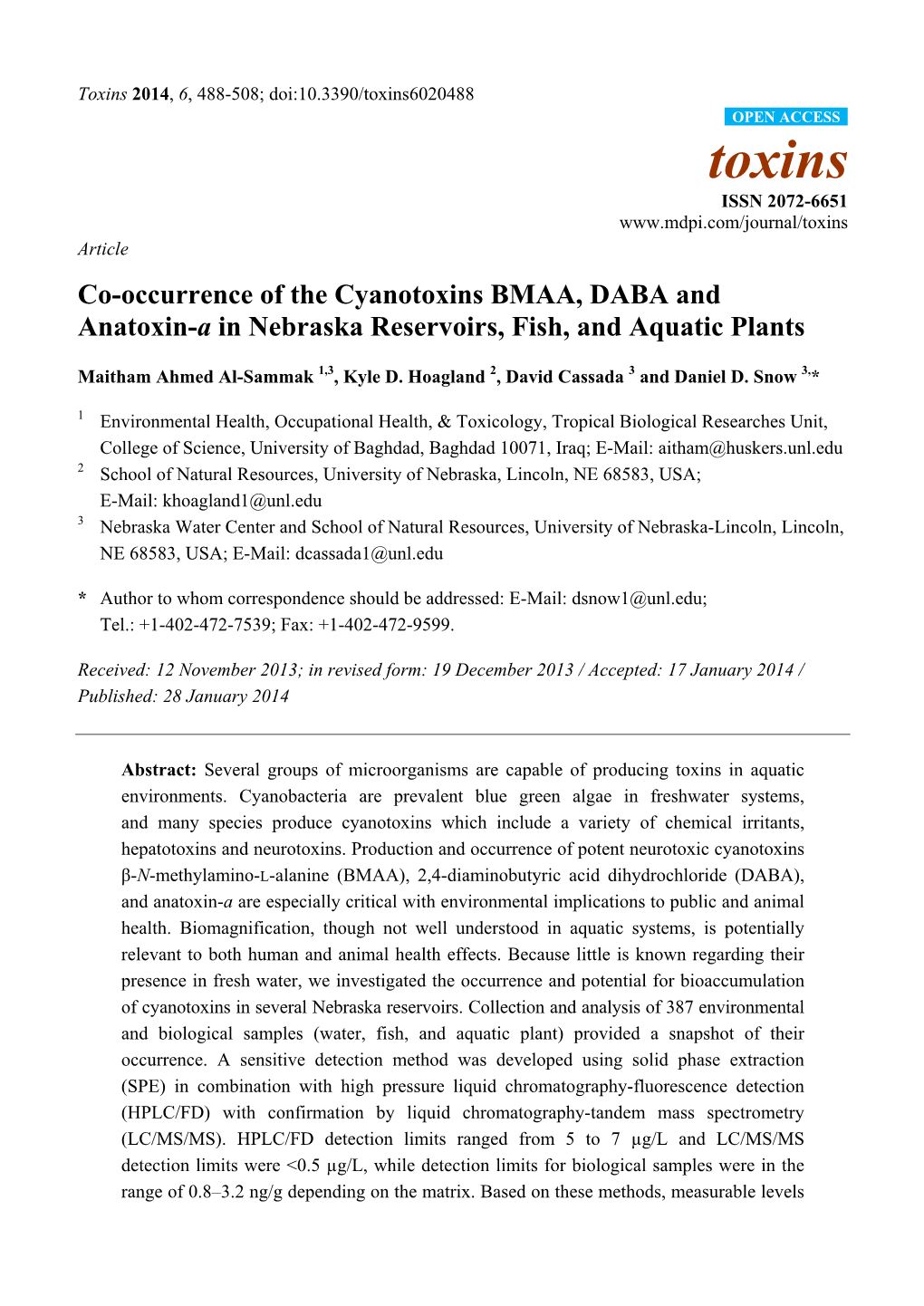 Co-Occurrence of the Cyanotoxins BMAA, DABA and Anatoxin-A in Nebraska Reservoirs, Fish, and Aquatic Plants