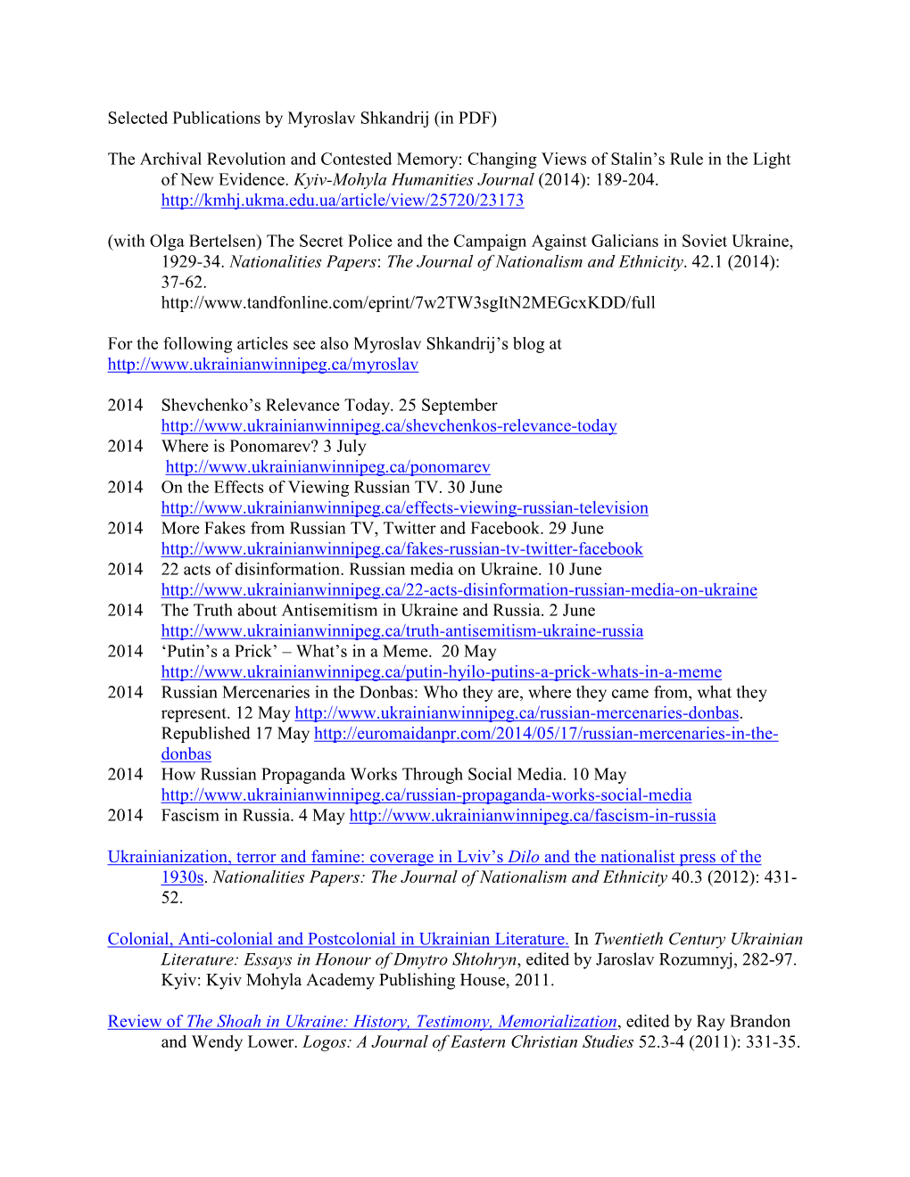 Selected Publications by Myroslav Shkandrij (In PDF)