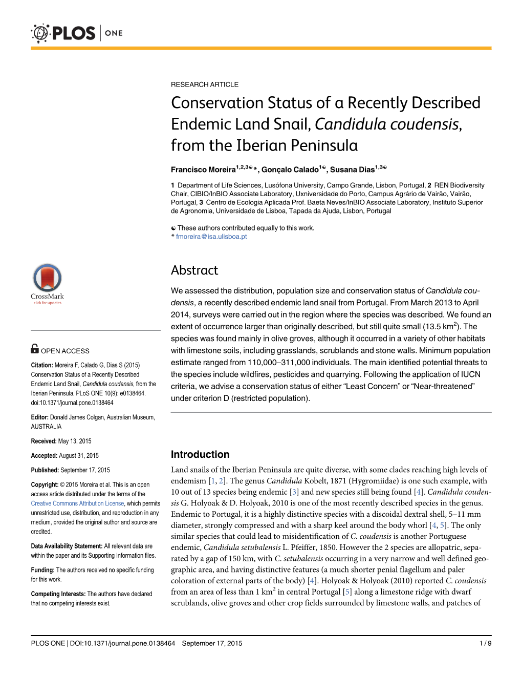 Conservation Status of a Recently Described Endemic Land Snail, Candidula Coudensis, from the Iberian Peninsula