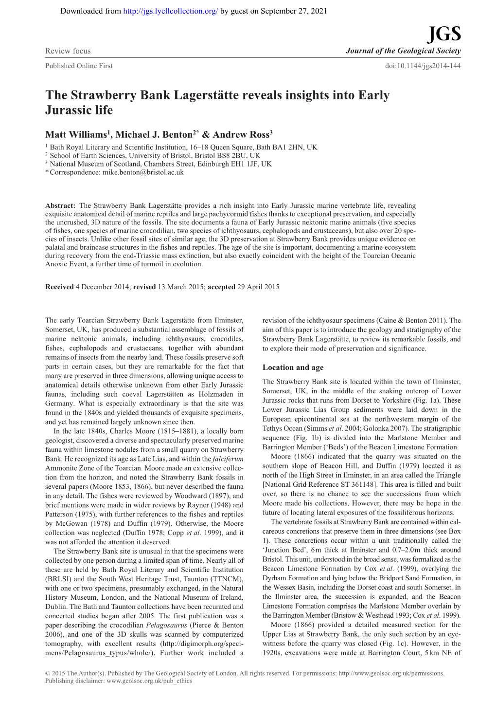 The Strawberry Bank Lagerstätte Reveals Insights Into Early Jurassic Lifematt Williams, Michael J