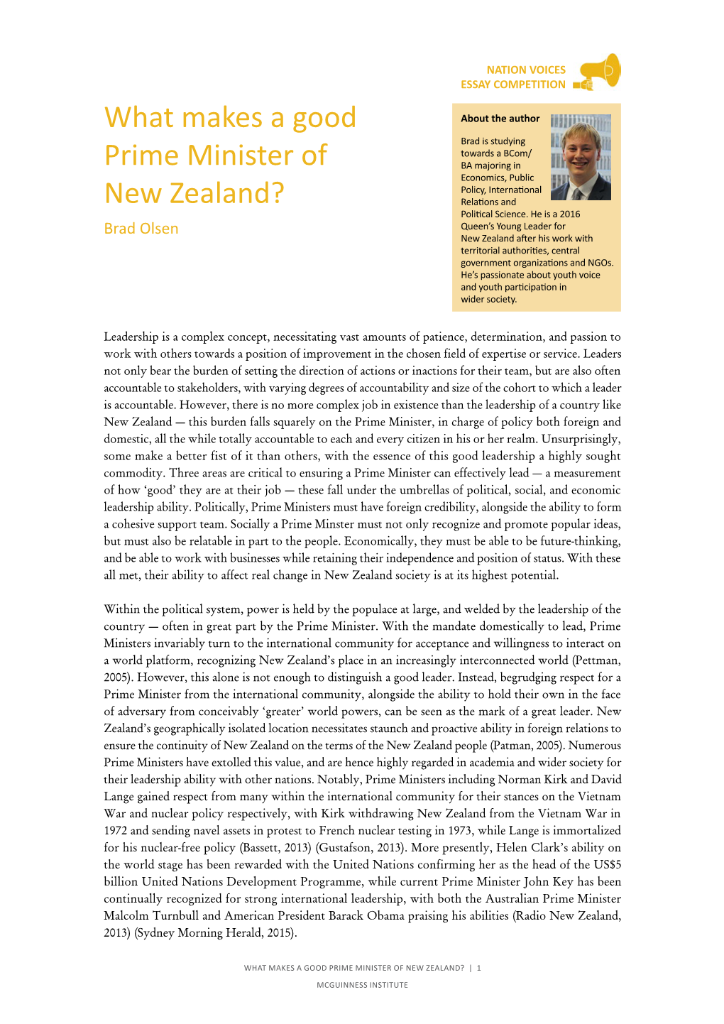 What Makes a Good Prime Minister of New Zealand? | 1 Mcguinness Institute Nation Voices Essay Competition