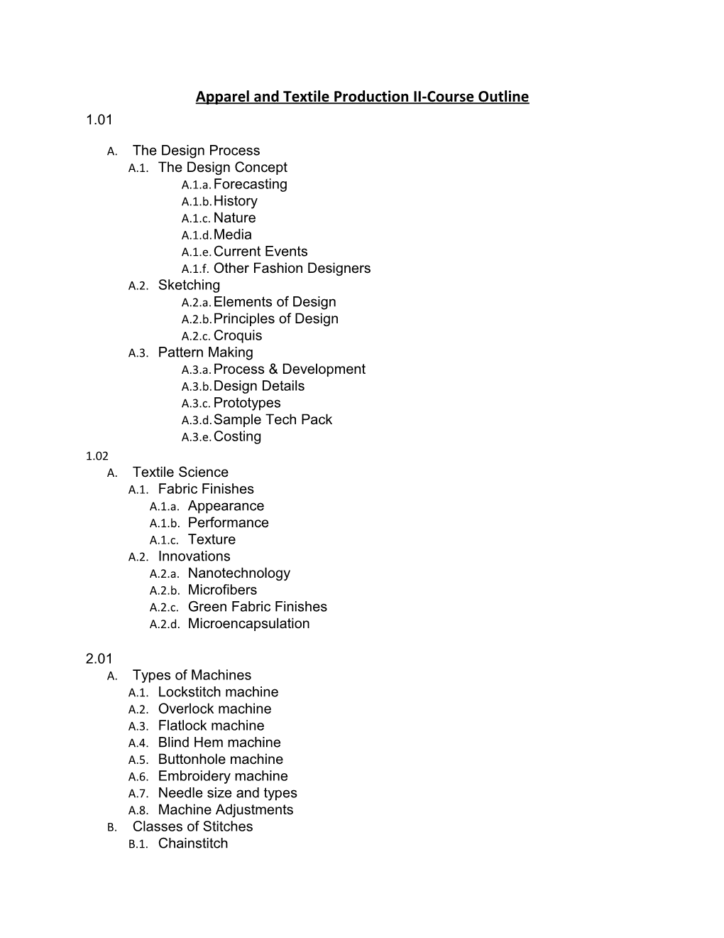 Apparel and Textile Production II-Course Outline