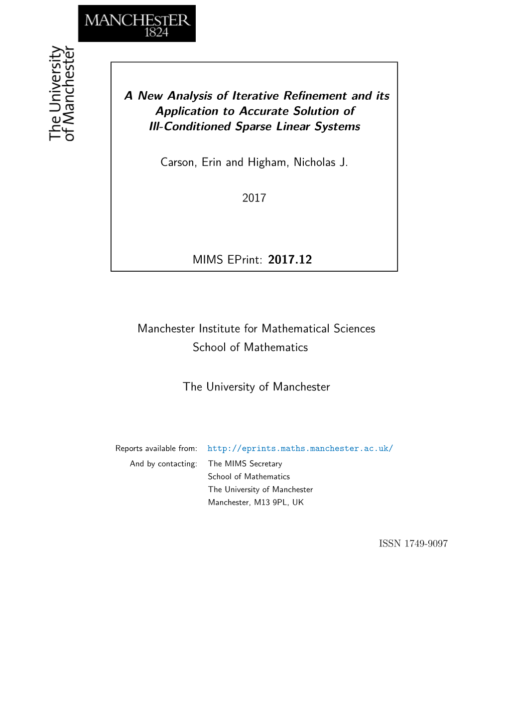 A New Analysis of Iterative Refinement and Its Application to Accurate Solution of Ill-Conditioned Sparse Linear Systems Carson