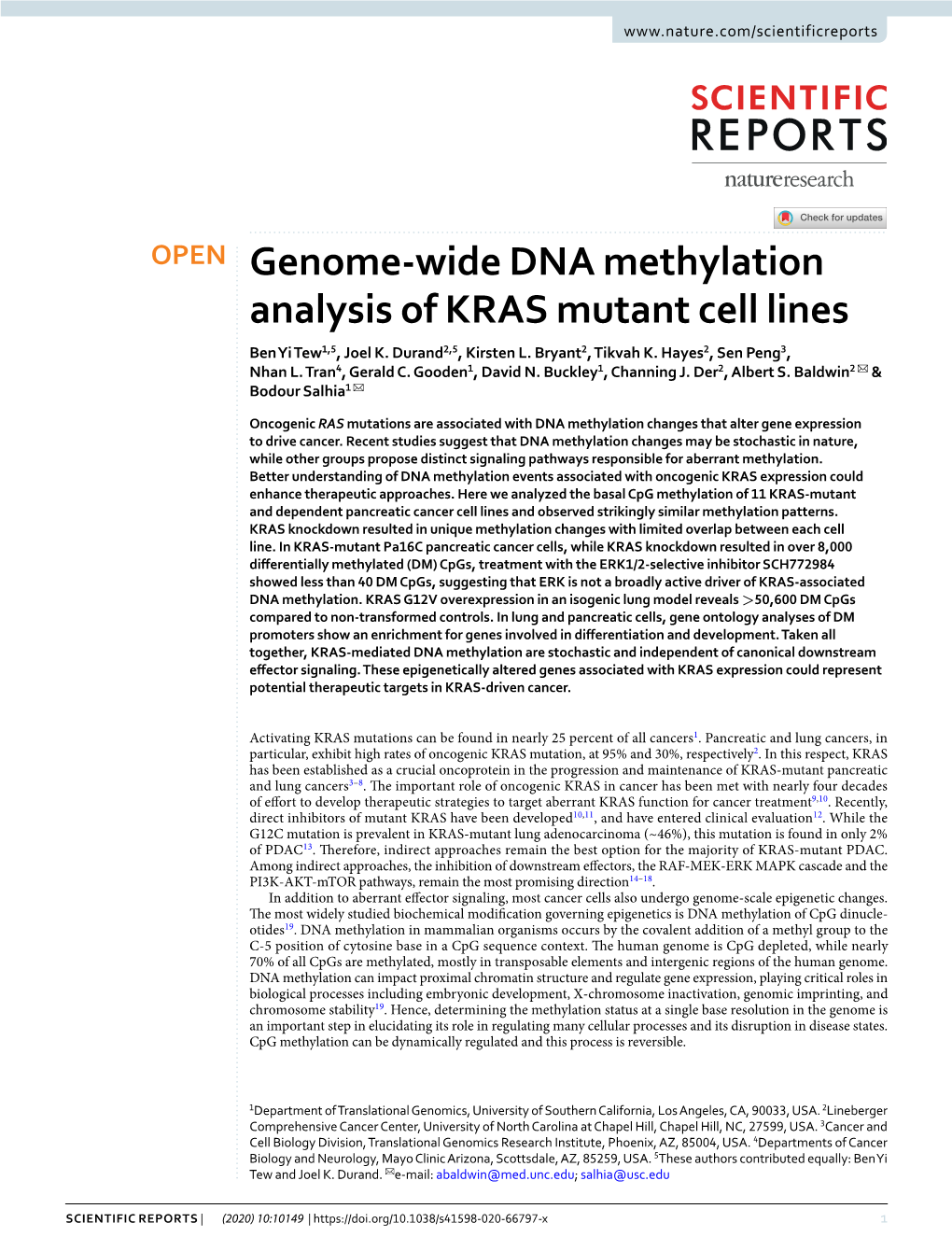 Genome-Wide DNA Methylation Analysis of KRAS Mutant Cell Lines Ben Yi Tew1,5, Joel K