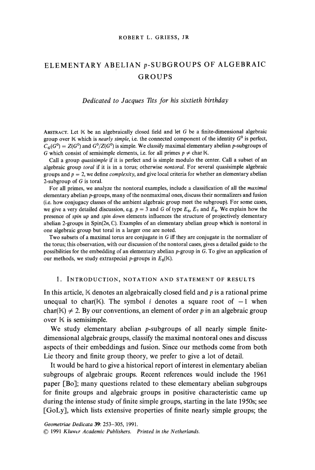 ELEMENTARY ABELIAN P-SUBGROUPS of ALGEBRAIC GROUPS