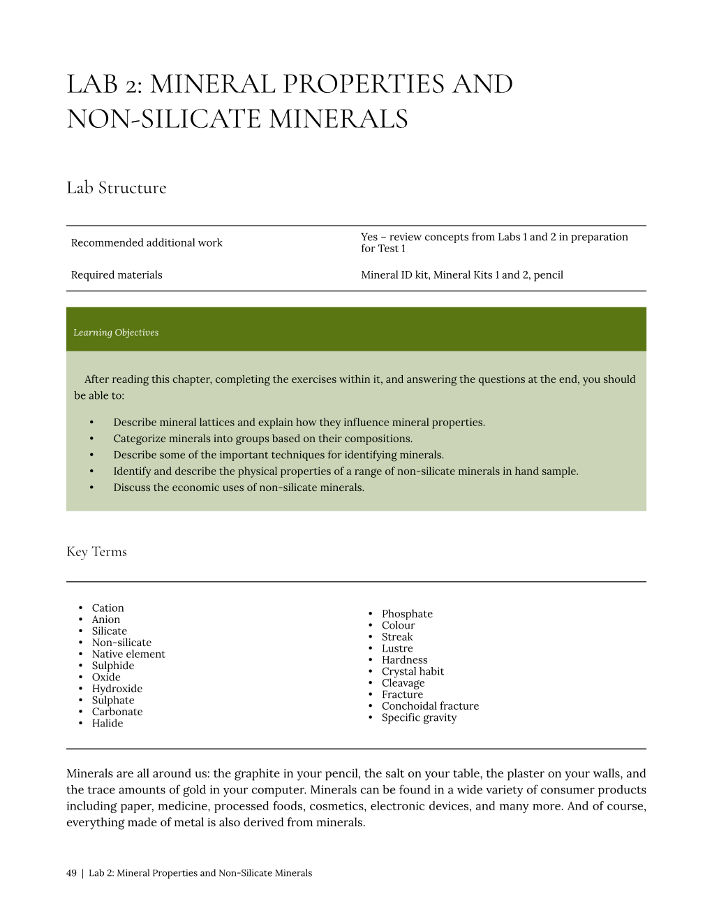 Lab 2 – Mineral Properties and Non-Silicate Minerals