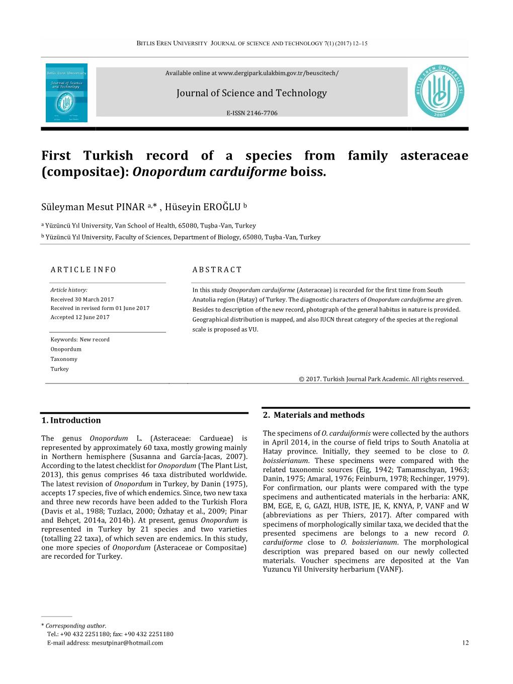 (Compositae): Onopordum Carduiforme Boiss