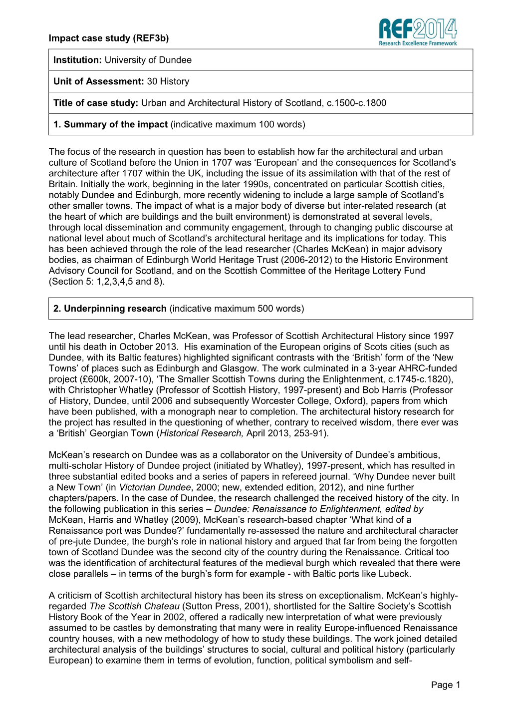 University of Dundee Unit of Assessment: 30 History Title of Case