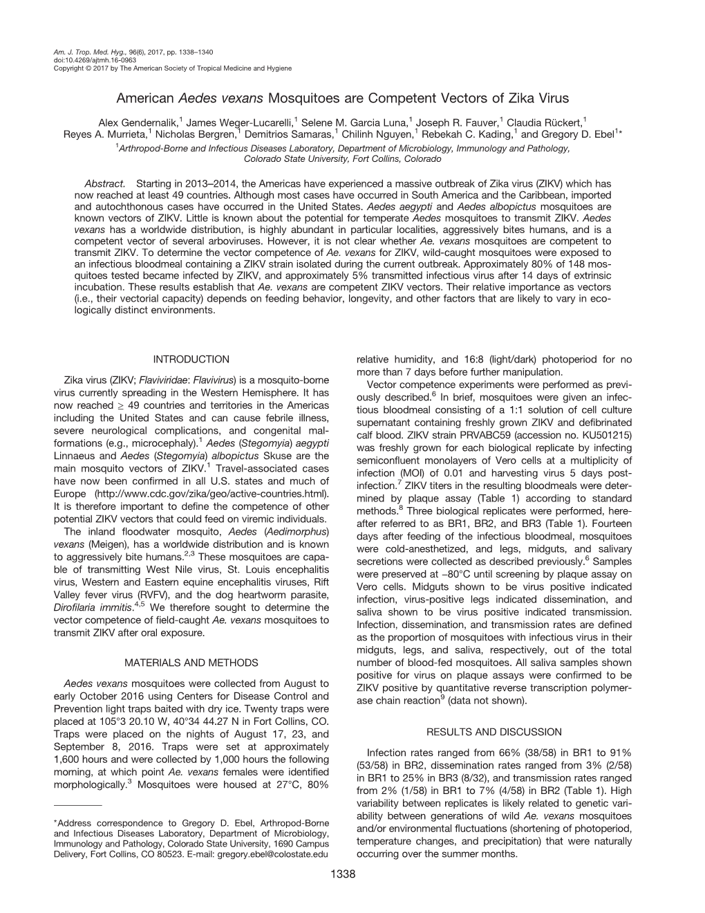 American Aedes Vexans Mosquitoes Are Competent Vectors of Zika Virus