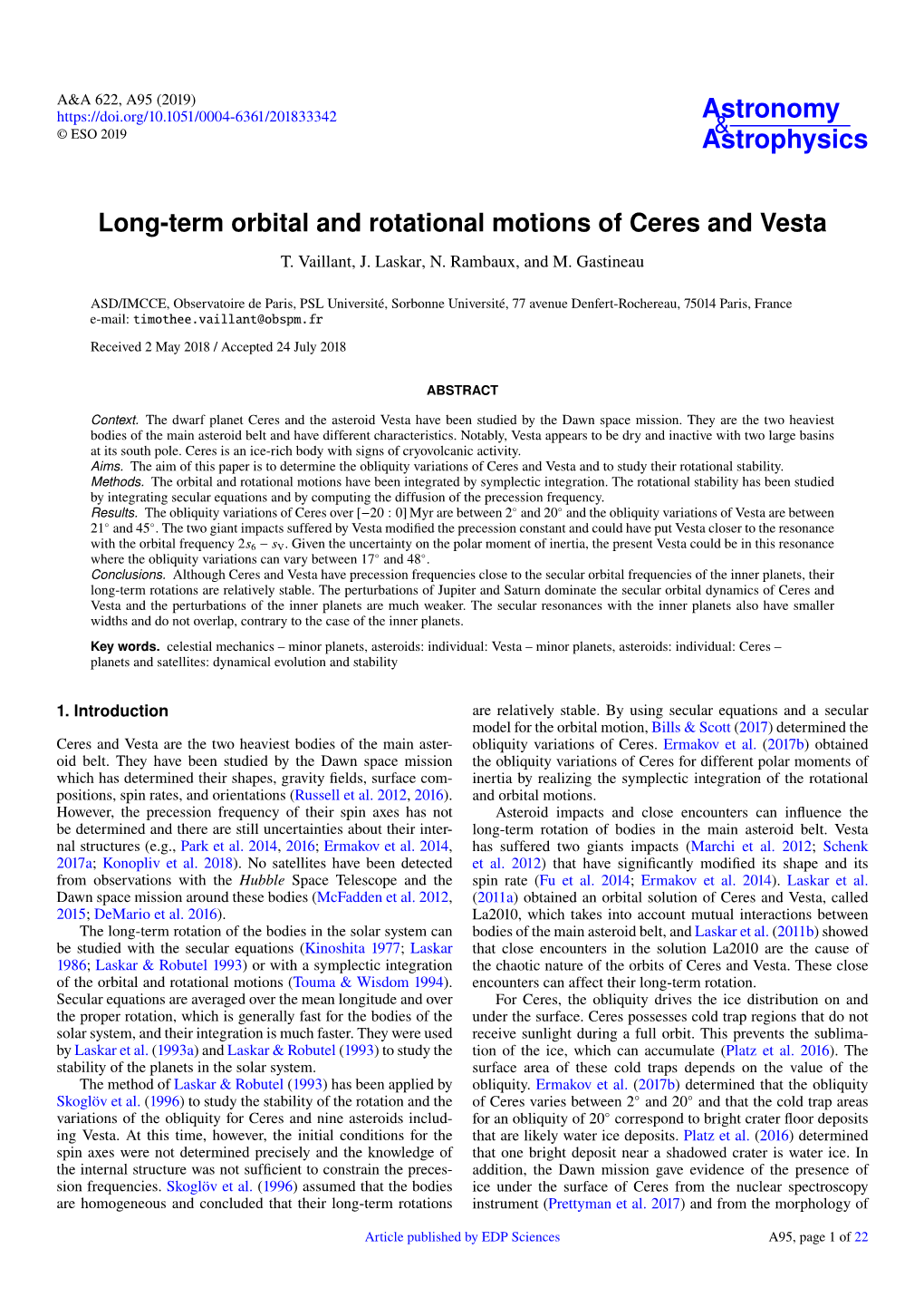 Long-Term Orbital and Rotational Motions of Ceres and Vesta T