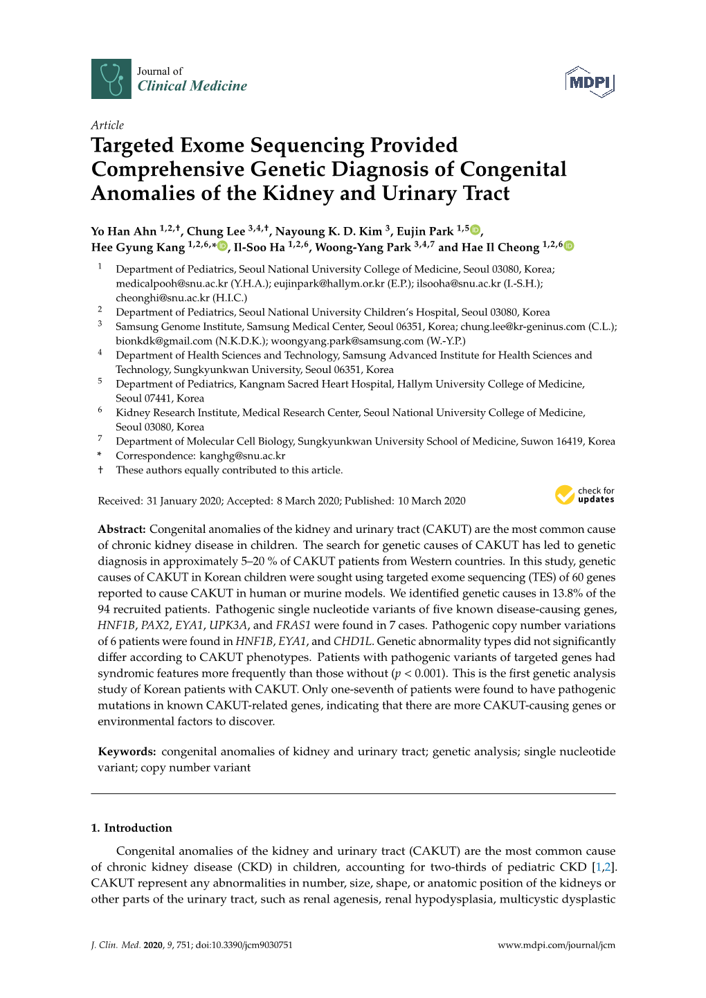 Targeted Exome Sequencing Provided Comprehensive Genetic Diagnosis of Congenital Anomalies of the Kidney and Urinary Tract