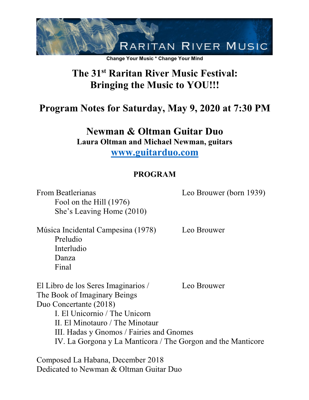 Program Notes for Saturday, May 9, 2020 at 7:30 PM Newman