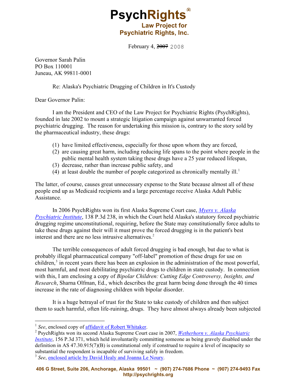February 4, 2008, Letter to Governor Palin