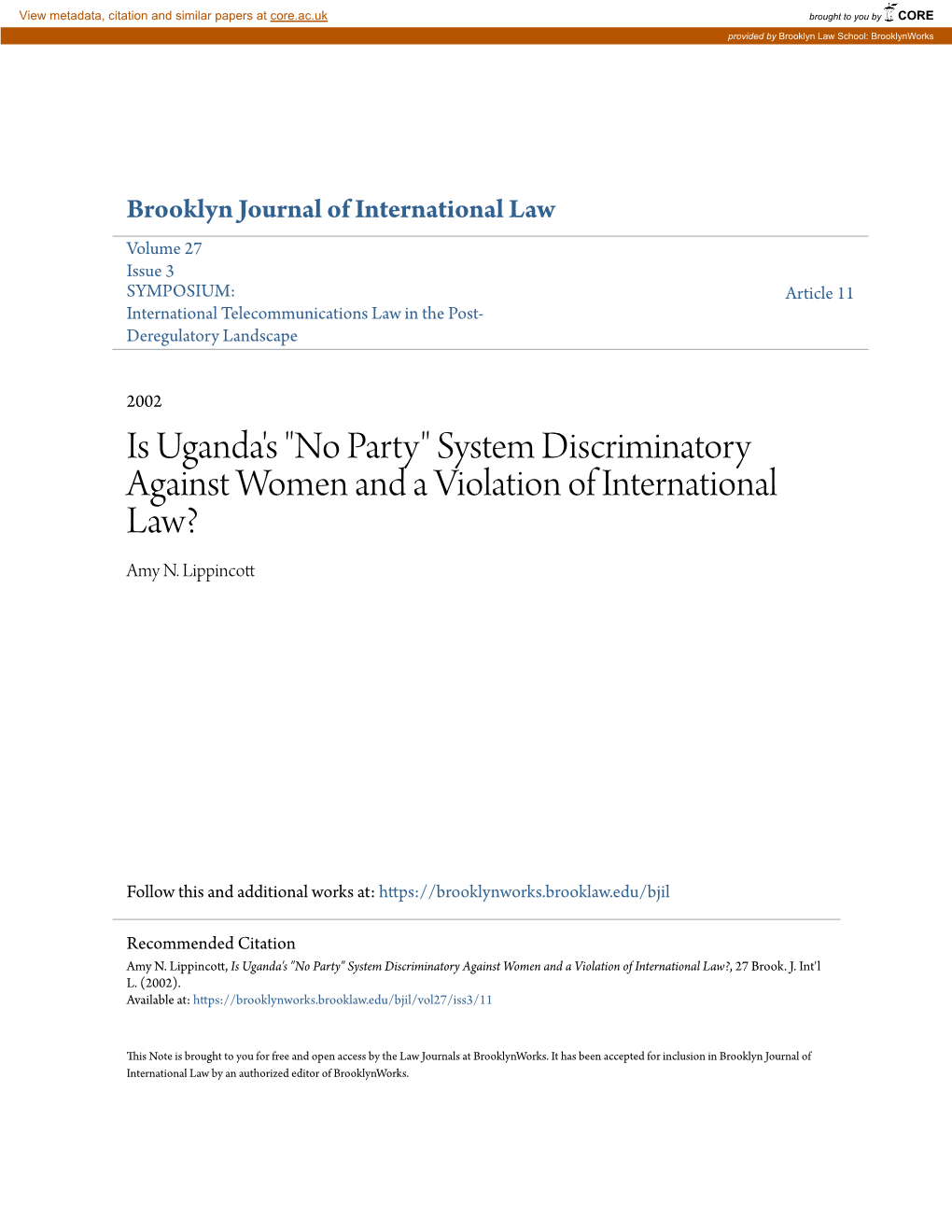 Is Uganda's "No Party" System Discriminatory Against Women and a Violation of International Law? Amy N