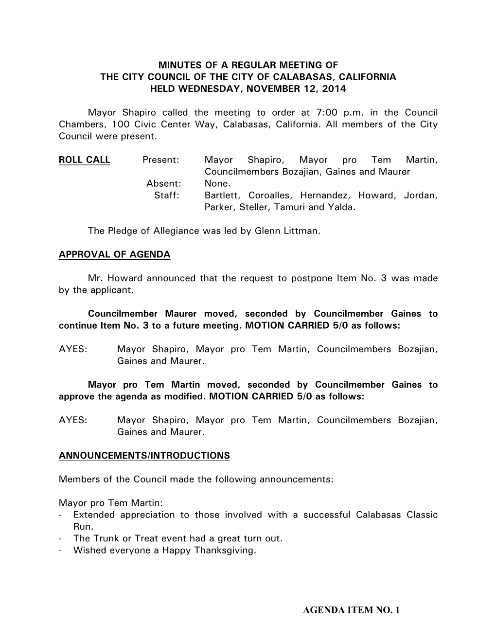 Minutes of a Regular Meeting of the City Council of the City of Calabasas, California Held Wednesday, November 12, 2014