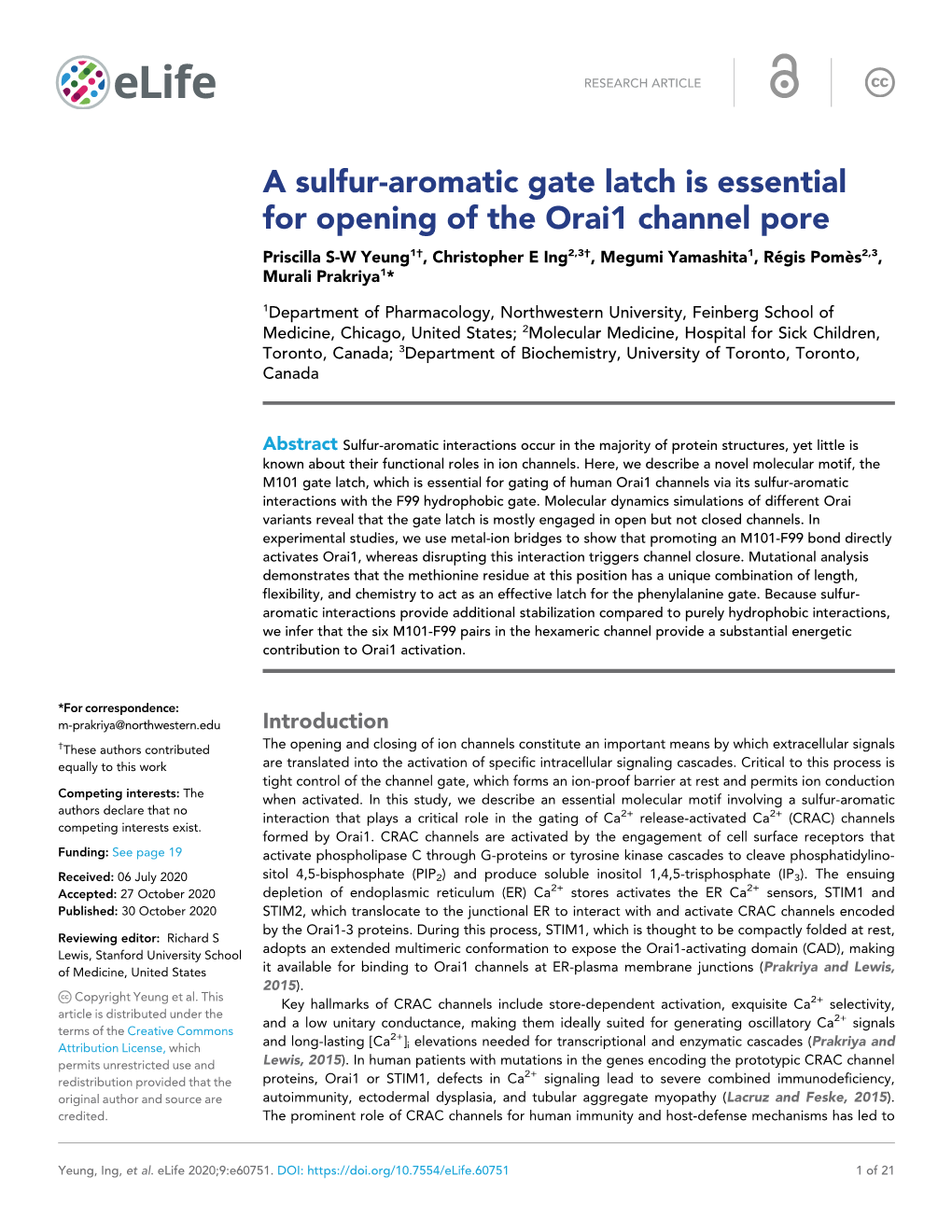 A Sulfur-Aromatic Gate Latch Is Essential for Opening of the Orai1 Channel Pore