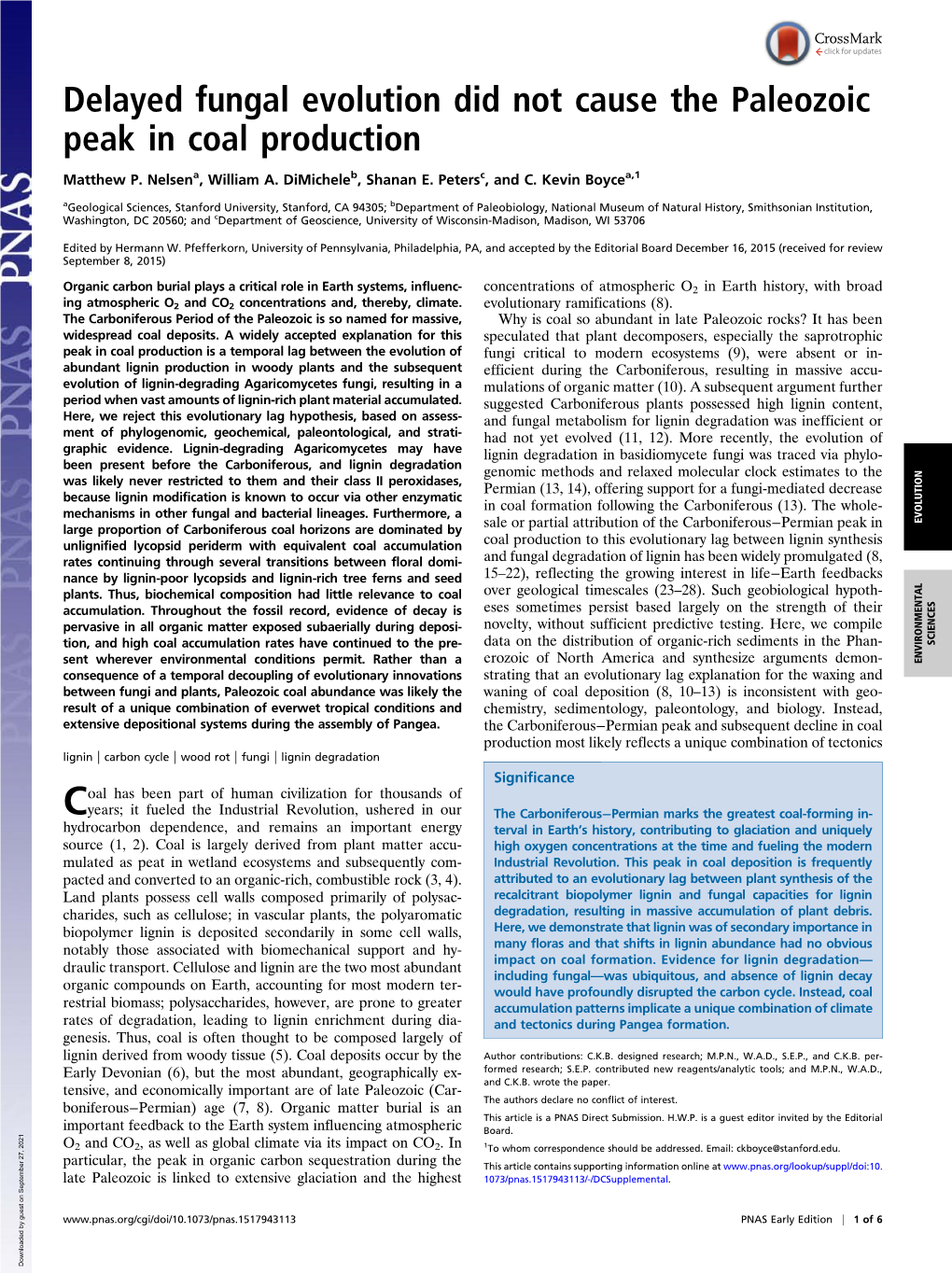 Delayed Fungal Evolution Did Not Cause the Paleozoic Peak in Coal Production