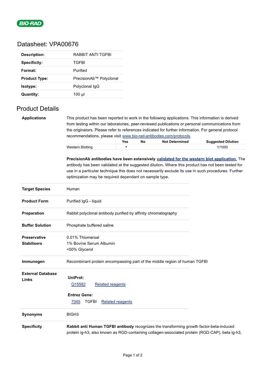 Datasheet: VPA00676 Product Details