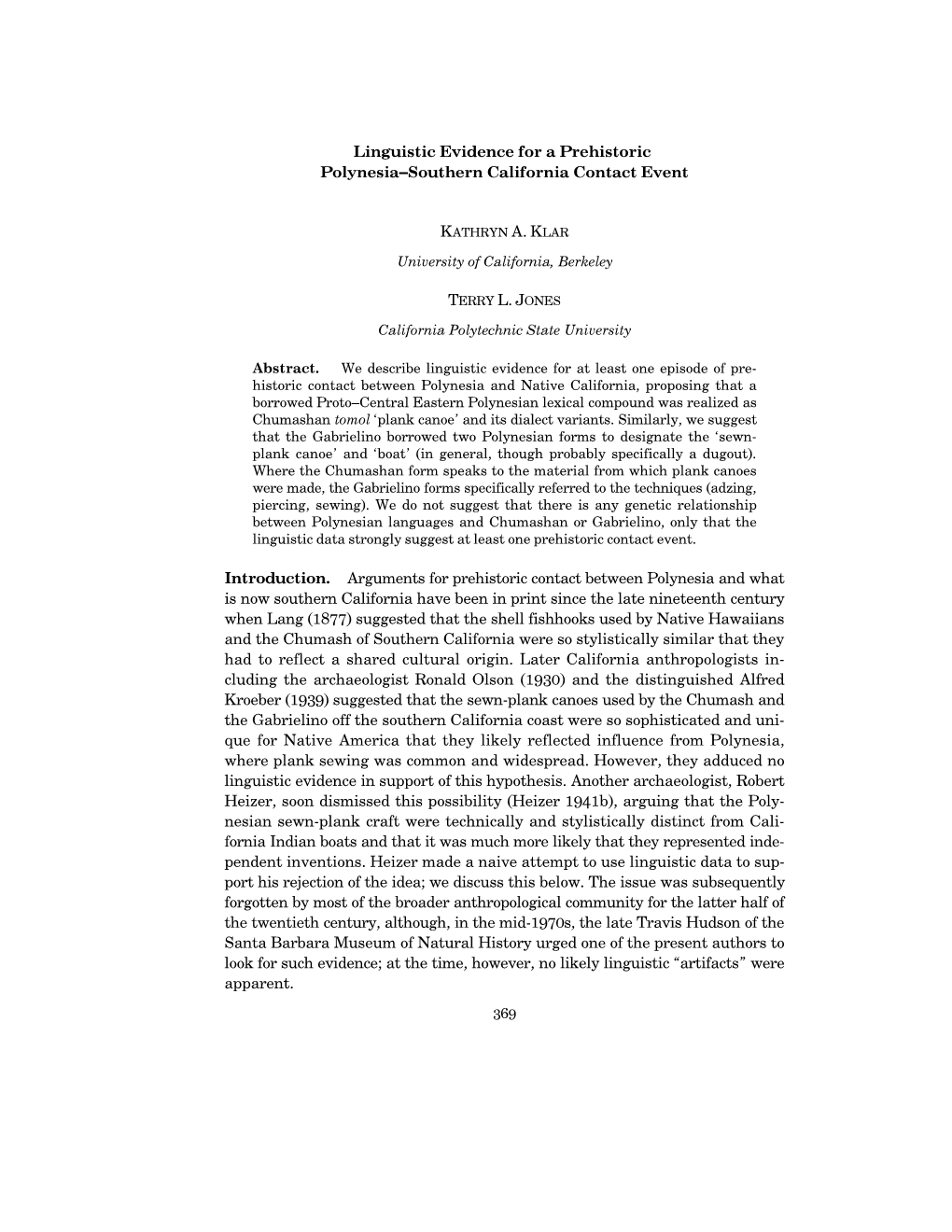 Linguistic Evidence for a Prehistoric Polynesia—Southern California Contact Event