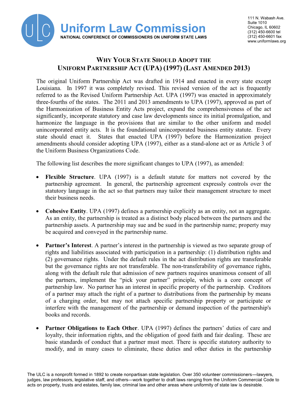 Uniform Partnership Act (Upa) (1997) (Last Amended 2013)