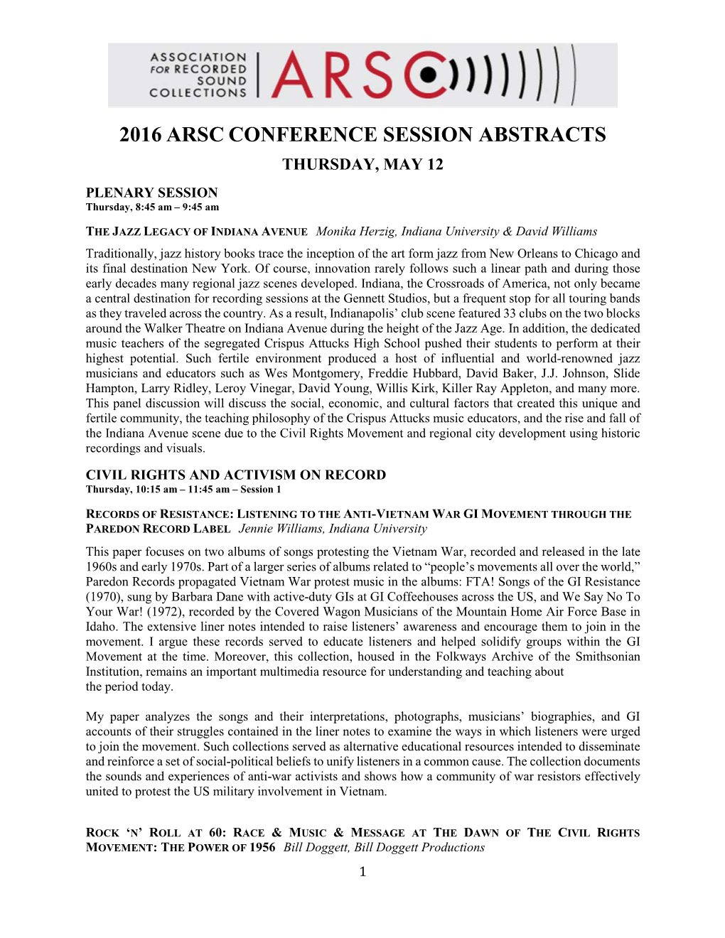 2016 Arsc Conference Session Abstracts